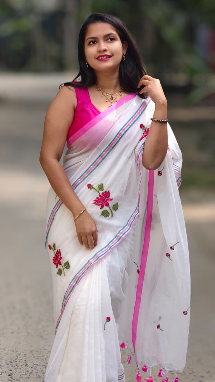 Pure mall cotton Rose embroidery saree